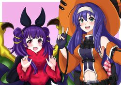  2girls animal_ears bat_ears belt black_gloves blue_hair blush commentary_request detached_sleeves dragon_wings fake_animal_ears fingerless_gloves fire_emblem fire_emblem:_path_of_radiance fire_emblem:_the_sacred_stones fire_emblem_heroes fur_trim gloves green_eyes halloween halloween_costume hat headband long_hair long_sleeves mia_(fire_emblem) mia_(halloween)_(fire_emblem) miven multi-tied_hair multiple_girls myrrh_(fire_emblem) myrrh_(halloween)_(fire_emblem) oerba_yun_fang open_mouth purple_hair red_eyes twintails v white_headband wings witch_hat 