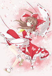  bow brown_eyes brown_hair bug butterfly commentary_request detached_sleeves dress female flan_(zhd91) gohei hair_tubes hairbow hakurei_reimu highres long_hair looking_at_viewer petals photoshop_(medium) smile solo touhou 