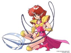  90s bangs cham female game horn looking_at_viewer mugen_senshi_valis nec oerba_yun_fang official_art official_artwork oldschool pc_engine simple_background solo telenet_japan valis valis_iii weapon whip white_background 