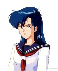  90s asou_yuuko blue_eyes blue_hair female game long_hair mugen_senshi_valis nec official_art official_artwork oldschool pc_engine school_uniform serafuku simple_background solo student telenet_japan valis white_background 