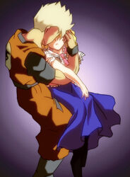  1boy alice_margatroid bad_id bad_nicoseiga_id black_shirt blonde_hair blue_dress boots cape crossover dairi dragon_ball dragon_ball_z dress female hairband image_sample japanese_clothes lowres nicoseiga_sample open_mouth shirt short_hair son_gohan son_gohan_(future) spiked_hair super_saiyan super_saiyan_1 touhou 