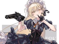  aiguillette ashita_kura black_gloves blonde_hair commentary_request corset dress earrings female finger_to_mouth frills girls&#039;_frontline gloves gun hair_ornament hair_ribbon hairclip handgun highres holding holding_gun holding_weapon hoop_skirt jewelry long_hair looking_at_viewer maid_headdress ppk_(girls&#039;_frontline) puffy_short_sleeves puffy_sleeves ribbon short_sleeves solo very_long_hair walther walther_ppk weapon yellow_eyes 