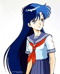  90s asou_yuuko blue_eyes blue_hair female game long_hair matching_hair/eyes mugen_senshi_valis nec official_art official_artwork oldschool pc_engine pleated_skirt school_uniform serafuku simple_background skirt solo student telenet_japan valis very_long_hair white_background 