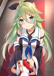  absurdres aqua_eyes aqua_hair black_ribbon black_serafuku black_skirt black_thighhighs blue_neckerchief blush check_source commentary_request detached_sleeves female hair_between_eyes hair_ornament hair_ribbon hairclip highres incoming_gift kantai_collection long_hair looking_at_viewer neckerchief out_of_frame parted_bangs pleated_skirt ponytail pov pov_hands reaching reaching_towards_viewer ribbon school_uniform serafuku shirt skirt sleeveless sleeveless_shirt smile solo_focus source_request thighhighs valentine yamakaze_(kancolle) yappen zettai_ryouiki 