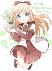  &gt;:) abstract_background bafarin black_socks blonde_hair blue_eyes blush character_name commentary_request dated dot_nose dress english_text female floating_hair flower flower_pot full_body hair_ornament hair_ribbon happy_birthday highres holding holding_flower_pot jumping layered_sleeves long_hair long_sleeves looking_at_viewer multicolored_background namori_(style) nanamori_school_uniform no_shoes official_style plant pleated_dress potted_plant ribbon sailor_collar school_uniform serafuku short_over_long_sleeves short_sleeves simple_background smile snowbell_(flower) socks solo tareme toshinou_kyouko v-shaped_eyebrows vase white_background white_flower yuru_yuri 