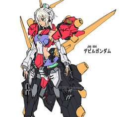  arm_warmers armor bare_shoulders breasts character_name clothing_cutout collarbone commentary_request devil_gundam female g_gundam green_eyes gundam hair_over_one_eye halterneck headset humanization leg_armor leotard mecha_musume photoshop_(medium) short_hair side_cutout sideboob simple_background smile solo thighhighs translated watermark wdy1000 web_address white_background white_hair 