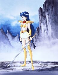  90s armor asou_yuuko bangs belt bikini_armor blue_eyes blue_hair boots female female_warrior game knee_boots microskirt midriff miniskirt mugen_senshi_valis nec neckerchief official_art official_artwork oldschool outdoors pc_engine skirt solo sword telenet_japan valis valis_sword very_long_hair weapon 