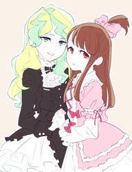  2girls akko_kagari blonde_hair blue_eyes brown_hair diana_cavendish gothic gothic_lolita kagari_atsuko lipstick little_witch_academia lolita_fashion long_hair multiple_girls red_eyes 