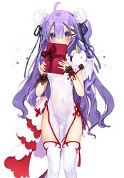  61um ahoge azur_lane bangs bare_hips black_bow black_ribbon blush bow box china_dress chinese_clothes commentary_request covered_navel double_bun dress eyebrows_visible_through_hair feet_out_of_frame flower_knot gift gift_box hair_between_eyes hair_bun halterneck highres holding holding_gift long_hair looking_at_viewer object_hug one_side_up pelvic_curtain purple_eyes purple_hair ribbon side_bun side_slit solo stuffed_alicorn stuffed_animal stuffed_toy tassel unicorn_(azur_lane) white_dress white_legwear wrist_cuffs 