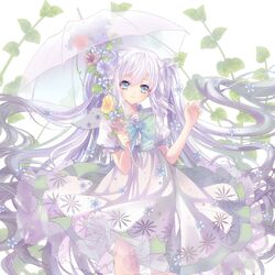  alternate_hair_color blue_eyes commentary_request dress female hatsune_miku long_hair looking_at_viewer puffy_short_sleeves puffy_sleeves short_sleeves smile solo twintails umbrella very_long_hair vocaloid wataru_kuri white_dress white_hair 