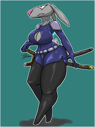  2017 anthro big_breasts breasts clothed clothing digital_media_(artwork) female fur hi_res jyto lagomorph leporid mammal melee_weapon ninja rabbit simple_background solo warrior weapon 