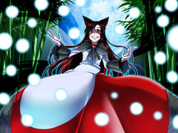  animal_ears bamboo bamboo_forest brooch commentary_request female fingernails forest grin imaizumi_kagerou jewelry kuon_yashiro lights long_fingernails long_hair long_sleeves looking_at_viewer nail_polish nature photoshop_(medium) red_nails shirt skirt smile solo tail touhou very_long_hair wide_sleeves wolf_ears 