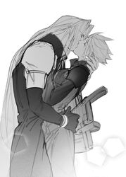  1boy arched_back armor breasts chinese_commentary closed_eyes cloud_strife commentary_request couple earrings female final_fantasy final_fantasy_vii final_fantasy_vii_advent_children from_side genderswap_(mtf) gloves greyscale hand_on_another&#039;s_chest hand_on_another&#039;s_neck hand_on_another&#039;s_waist highres jewelry kissing long_bangs long_coat long_hair long_sleeves monochrome parted_bangs pauldrons rule_63 scabbard screentones sephiroth sheath short_hair shoulder_armor spiked_hair straight stud_earrings upper_body very_long_hair waist_cape xianyu314 