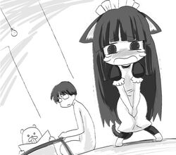  2010 animal_humanoid anon_(futaba_channel) bodily_fluids cat_humanoid chabudai clothing dr._maid_kirai dr._maid_suki embarrassed eyewear felid felid_humanoid feline feline_humanoid female feral futaba_channel glasses greyscale group human humanoid img_(futaba) inside light_bulb maid_apron maid_headdress maid_uniform male mammal mammal_humanoid monochrome nijiura_maids reading_newspaper tears trio uniform unknown_artist unknown_species 