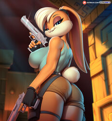  2024 anthro ass athletic athletic_anthro athletic_female belt belt_pouch big_breasts blonde_hair blue_eyes bottomwear breasts butt_pose clothed clothing cosplay crossover crossover_cosplay dual_wielding female fingerless_gloves fur gloves gun hair handgun handwear hi_res holding_gun holding_handgun holding_object holding_pistol holding_ranged_weapon holding_weapon holster hotpants khaki_shorts lagomorph lara_croft leporid lola_bunny looking_at_viewer looking_back looking_back_at_viewer looney_tunes mammal narrowed_eyes pak009 pistol pose rabbit ranged_weapon shorts solo tactical_gear tan_body tan_fur tomb_raider trigger_discipline warner_brothers weapon 