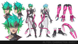  absurdres alter_(apex_legends) apex_legends aqua_hair black_footwear black_gloves black_sclera blood blood_on_face bodysuit breasts character_name clenched_hand collarbone colored_sclera didier_nguyen english_commentary female full_body gloves gradient_hair green_hair grey_bodysuit highres mechanical_arms mechanical_tail multicolored_hair multiple_views official_art pink_gloves ponytail production_art purple_lips reference_sheet short_hair simple_background single_glove single_mechanical_arm small_breasts tail two-tone_gloves white_background white_eyes 