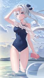  aqua74286 blue_archive blue_halo blue_one-piece_swimsuit breasts covered_navel female halo highres long_hair miyako_(blue_archive) miyako_(swimsuit)_(blue_archive) ocean official_alternate_costume one-piece_swimsuit solo swimsuit 