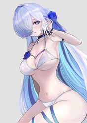  adjusting_hair armpits azur_lane bikini black_choker blue_eyes blue_flower blue_gemstone blue_hair breasts brennus_(azur_lane) brennus_(musician_on_blade&#039;s_precipice)_(azur_lane) choker collarbone female flower gem grey_background hair_flower hair_ornament hair_over_one_eye hand_up highres jewelry large_breasts light_blush long_hair looking_at_viewer navel official_alternate_costume parted_lips riku_amano1018 simple_background skindentation solo stomach swimsuit thigh_strap white_bikini 