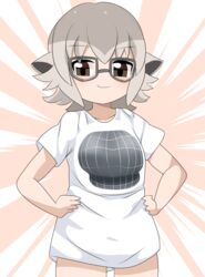  bottomless brown_eyes closed_mouth cowboy_shot emphasis_lines female flat_chest glasses grey-framed_eyewear grey_hair hands_on_own_hips highres illusion_grid_t-shirt kemono_friends lets0020 long_shirt looking_at_viewer medium_bangs meerkat_(kemono_friends) meerkat_ears meme_attire multicolored_hair pink_background shirt short_hair smile solo t-shirt two-tone_hair white_background white_shirt 