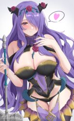  absurdres black_panties blush breasts camilla_(fire_emblem) camilla_(resplendent)_(fire_emblem) cleavage female fire_emblem fire_emblem_fates fire_emblem_heroes flower gloves hair_over_one_eye highres holding large_breasts long_hair looking_at_viewer official_alternate_costume panties peli_cantaro purple_eyes purple_hair red_flower red_rose rose smile solo thighs twitter_username underwear 