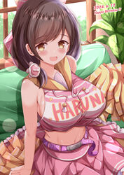  :d bare_arms bare_shoulders belt belt_buckle blush breasts brown_eyes brown_hair buckle character_name cheerleader clothes_writing collarbone commentary_request crop_top dated day drawstring female happy_birthday highres indoors large_breasts looking_at_viewer midriff navel ongeki pink_skirt plant pleated_skirt pom_pom_(cheerleading) purple_belt sakurai_haruna_(ongeki) sitting skirt smile solo swept_bangs window xenon_(for_achieve) 