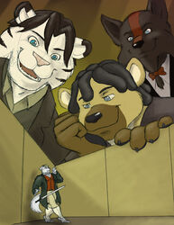  5_fingers anthro bigdcstile biped black_body black_fur blue_eyes bow_tie canid canine canis clothed clothing coat crux_(artist) felid fingers fur group hyena larger_anthro larger_male macro male mammal micro pantherine rexxwolfe shaboigan size_difference smaller_anthro smaller_male smile spotted_hyena standing suit_jacket tail tan_body tan_fur tiger topwear tyren white_body white_fur wolf 