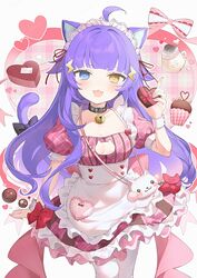  :3 absurdres ahoge animal_ears apron bag bell blue_eyes blunt_bangs blush bow breasts candy cat_cutout cat_ears cat_girl cat_tail chocolate choker cleavage cleavage_cutout clothing_cutout collar cupcake dress female food frills hair_ornament heart heart-shaped_chocolate heterochromia highres holding holding_chocolate holding_food indie_virtual_youtuber long_hair looking_at_viewer maid maid_apron maid_headdress medium_breasts neck_bell open_mouth pantyhose pink_dress plaid plaid_dress puffy_short_sleeves puffy_sleeves purple_hair sample_watermark short_sleeves smile solo tail usanta valentine virtual_youtuber watermark white_apron white_pantyhose wrist_cuffs yellow_eyes 