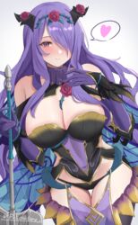  absurdres black_panties blush breasts camilla_(fire_emblem) camilla_(resplendent)_(fire_emblem) cleavage elbow_gloves female fire_emblem fire_emblem_fates fire_emblem_heroes flower gloves hair_over_one_eye highres holding large_breasts long_hair looking_at_viewer official_alternate_costume panties peli_cantaro purple_eyes purple_gloves purple_hair red_flower red_rose rose smile solo thighs twitter_username underwear 