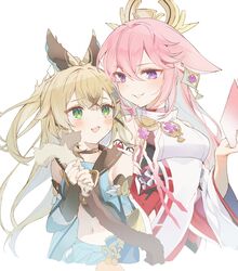  2girls absurdres animal_ears bare_shoulders blonde_hair blush breasts choker crop_top crossed_bangs detached_sleeves earrings genshin_impact green_eyes hair_between_eyes hair_ornament highres holding holding_own_tail japanese_clothes jewelry kirara_(genshin_impact) long_hair long_sleeves looking_at_another midriff multiple_girls navel nontraditional_miko open_mouth parted_lips pink_hair purple_eyes shirt simple_background smile tail upper_body usanta white_background wide_sleeves yae_miko 