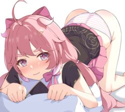  :3 absurdres ahoge all_fours black_dress blush closed_mouth cross-shaped_pupils dress encore_(wuthering_waves) english_commentary female grey_eyes hair_ornament hairpin highres long_hair multicolored_clothes multicolored_panties n3moni panties pillow pink_eyes pink_hair pink_panties smile solo striped_clothes striped_panties symbol-shaped_pupils thick_eyebrows underwear white_panties wuthering_waves 