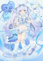  :d animal_ears apron balloon bandaid bandaid_on_leg bear_ears blue_bow blue_eyes blue_shirt blue_shorts blue_theme blush bow cake crop_top female fingerless_gloves food fork frills full_body gloves hairbow heart heart_balloon heart_hands indie_virtual_youtuber long_hair looking_at_viewer loose_socks midriff navel oerba_yun_fang open_mouth oversized_food oversized_object purple_hair ribbon shirt shoes short_sleeves shorts smile socks solo striped_clothes striped_shirt twintails usanta very_long_hair virtual_youtuber waist_apron white_apron 