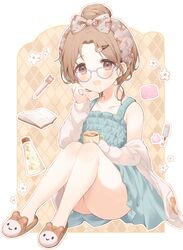  :d absurdres animal_slippers ass bare_shoulders bespectacled blue_dress blush book bow brown_eyes brown_hair cardigan collarbone cup dress female full_body glasses grey_cardigan hair_bun hair_ornament hairband hairbow hairclip hand_up highres holding holding_cup ichikawa_hinana idolmaster idolmaster_shiny_colors knees_up long_sleeves looking_at_viewer mug off_shoulder open_book open_mouth parted_bangs purple-framed_eyewear single_hair_bun sitting sleeveless sleeveless_dress slippers smile solo usanta 