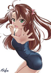  :o absurdres antenna_hair artist_name ass asuka_(pixiv82529874) blue_one-piece_swimsuit blush bow breasts brown_hair clenched_hand commentary_request cowboy_shot female floating_hair foreshortening from_side green_eyes hair_between_eyes hairbow hand_up highres koshigaya_komari leaning_forward long_hair looking_at_viewer non_non_biyori one-piece_swimsuit open_mouth outstretched_arm parted_bangs purple_bow school_swimsuit simple_background small_breasts solo standing swimsuit thighs two_side_up white_background 