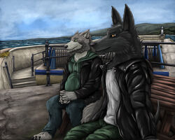  absurd_res anthro anubian_jackal beard beer_belly belly black_body black_fur bottomwear brown_eyes canid canine canis clothing cloud denim denim_bottomwear denim_clothing digital_media_(artwork) digital_painting_(artwork) duo facial_hair fur furniture green_eyes grey_body grey_fur hands_folded hex_(satanic-furry) hi_res hoodie island jackal jacket jeans landscape lean_body leather leather_clothing leather_jacket leather_topwear male male/male mammal metal overweight overweight_male pants picnic_table pier rock sea sitting sky slightly_chubby slightly_chubby_male table topwear water wave wolf wood yenoc yenocwolf 