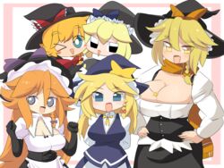  5girls :d akane_(cookie) black_eyes black_gloves black_hat black_skirt blonde_hair blue_eyes blue_skirt blue_vest blush blush_stickers bow braid breasts bright_pupils buttons cleavage cleavage_cutout clothing_cutout commentary_request cookie_(touhou) elbow_gloves freckles gloves grey_eyes hair_between_eyes hairbow hat hat_bow hat_ornament highres kirisame_marisa kohaku_(cookie) large_breasts lets0020 long_bangs long_hair looking_at_viewer medium_bangs meguru_(cookie) multiple_girls one_eye_closed open_mouth orange_bow orange_scarf purple_bow red_bow ruka_(cookie) scarf shirt short_hair single_braid skirt skirt_set smile star_(symbol) star_hat_ornament touhou turtleneck upper_body vest white_pupils white_shirt witch_hat yuuhi_(cookie) 