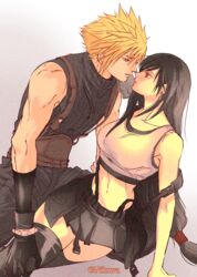  1boy absurdres arm_support armor baggy_pants bare_arms bare_shoulders black_gloves black_hair black_skirt black_thighhighs blonde_hair blush breasts closed_mouth cloud_strife collarbone commentary_request couple cowboy_shot crop_top earrings eye_contact female final_fantasy final_fantasy_vii final_fantasy_vii_rebirth final_fantasy_vii_remake gloves gradient_background highres imminent_kiss jewelry kneeling large_breasts long_hair looking_at_another looking_down looking_up low-tied_long_hair midriff miniskirt navel nikuya_(nikuya888) pants profile ribbed_sweater short_hair shoulder_armor single_bare_shoulder single_earring sitting skirt sleeveless sleeveless_turtleneck spiked_hair suspender_skirt suspenders sweater tank_top thighhighs tifa_lockhart turtleneck turtleneck_sweater twitter_username very_long_hair white_tank_top yokozuwari 