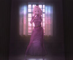  :p absurdres adapted_costume alternate_costume antennae arthropod_girl backlighting belt black_belt cockroach_girl commentary curtains dress english_commentary facial_mark female highres legs_apart long_hair long_skirt long_sleeves looking_at_viewer matara_kan matara_kan_(casual) monster_girl pink_dress purple_skirt red_eyes see-through_silhouette skirt smile solo sweater taku_artworks tongue tongue_out turtleneck turtleneck_sweater very_long_hair virtual_youtuber vshojo window 