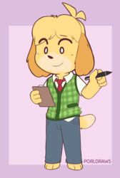  animal_crossing anthro barefoot bottomwear canid canine canis clothed clothing domestic_dog feet fully_clothed hi_res isabelle_(animal_crossing) male mammal necktie nintendo pants porldraws rule_63 shih_tzu shirt simple_background solo sweater sweater_vest topwear toy_dog vest 