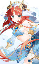  absurdres air_bubble blue_gemstone blue_nails blue_skirt blush breasts brooch bubble circlet closed_mouth crop_top dancer detached_sleeves fake_horns feet_out_of_frame female floating_hair gem genshin_impact gold_trim green_eyes harem_outfit highres horns jewelry long_hair long_sleeves looking_at_viewer low_twintails medium_breasts midriff nail_polish navel neck_ring nilou_(genshin_impact) parted_bangs puffy_long_sleeves puffy_sleeves red_hair simple_background skirt smile solo stomach thighlet thighs twintails usanta veil very_long_hair white_background white_veil 