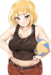  bababababan bad_id bad_pixiv_id ball belt blonde_hair blush breasts brown_eyes commentary female grin haikyuu!! hand_on_own_hip hands_on_own_hips highres short_hair simple_background smile solo tanaka_saeko_(haikyuu!!) tank_top teeth volleyball volleyball_(object) white_background 