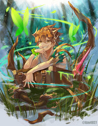  1boy armband bad_id bad_leg bad_pixiv_id blurry blurry_background boots box bracelet brown_eyes brown_hair buckle bug bush butterfly commentary_request crooked_smile crystal dappled_sunlight day depth_of_field elbow_rest fairy_ring fog forest glowing glowing_butterfly grass green_pants grin hair_between_eyes hand_on_own_chin hanging headgear highres holding indian_style jewelry leaf leaning_forward light_rays long_bangs looking_at_viewer magic male_focus mini_person miniboy nature on_ground original outdoors pants partial_commentary plant plant_roots short_hair sitting sleeveless slime_(substance) smile solo spiked_hair spiral sunbeam sunlight tonbanlove twitter_username 