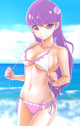  amawa_kazuhiro bikini blue_sky blurry blurry_background bow bracelet breasts cleavage closed_mouth cloud collarbone cowboy_shot day earrings female food-themed_hair_ornament hair_ornament halterneck highres jewelry kirakira_precure_a_la_mode kotozume_yukari long_hair looking_at_viewer macaron_hair_ornament medium_breasts mismatched_bikini multi-strapped_bikini navel ocean outdoors pink_bikini precure purple_bow purple_eyes purple_hair purple_ribbon ribbon side-tie_bikini_bottom sideboob sky smile solo standing straight_hair summer swimsuit underboob untied_bikini very_long_hair white_bikini 