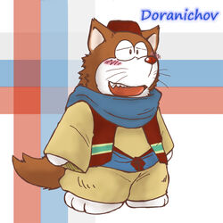  1:1 2012 anthro blush brown_body brown_fur canid canine chibi clothed clothing dora-nichov doraemon fur kemono male mammal snow_utamaru solo text the_doraemons 