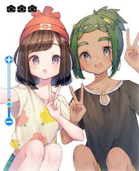  1boy bad_id bad_twitter_id beanie blush brown_hair commentary_request dark-skinned_male dark_skin female floral_print green_hair green_shorts grey_eyes hand_up hat hau_(pokemon) highres kajiki_ngtk9 knees looking_at_viewer medium_hair minus_sign open_mouth plus_sign pokemon pokemon_sm pose red_headwear selene_(pokemon) selfie shirt short_ponytail short_sleeves shorts t-shirt teeth tongue upper_teeth_only v viewfinder white_background yellow_shirt 