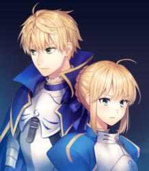  1boy ahoge armor arthur_pendragon_(fate) artoria_pendragon_(fate) back-to-back bad_id bad_pixiv_id bangle belt blonde_hair bracelet eyebrows_hidden_by_hair fate/grand_order fate/prototype fate/stay_night fate_(series) female green_eyes hair_between_eyes jewelry looking_to_the_side saber_(fate) short_hair upper_body yamigo 