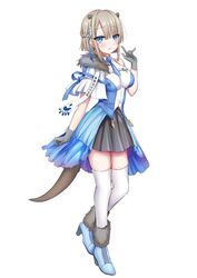  animal_ears barre black_skirt blue_eyes blue_footwear blush boots braid breasts brown_hair capelet commentary_request female full_body fur-trimmed_boots fur_trim gloves grey_gloves hair_between_eyes hand_up high_heel_boots high_heels looking_at_viewer lutra_lutra medium_breasts official_art parted_lips pleated_skirt rescute shiodome_oji shirt short_hair simple_background skirt smile solo square_live tail thighhighs thighhighs_under_boots virtual_youtuber white_background white_capelet white_shirt white_thighhighs 