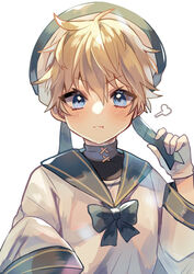  1boy absurdres blonde_hair blue_eyes blush bow chiro_(chi-bu-ko) hat highres huffing long_sleeves looking_at_viewer male_focus original ribbon sailor_hat school_uniform serafuku sleeves_past_wrists solo upper_body 