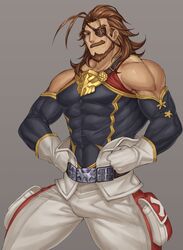  1boy bara bare_shoulders beard brown_eyes brown_hair bulge covered_abs covered_navel detached_sleeves energy_camdy eugen_(granblue_fantasy) eyepatch facial_hair granblue_fantasy highres male_focus mature_male medium_hair moustache muscular muscular_male pants pectorals sideburns sidepec solo white_pants 