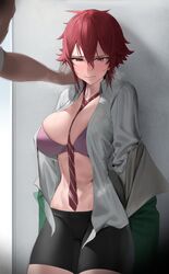  1boy absurdres against_wall aizawa_tomo between_breasts bike_shorts blush bra breasts breath female godekasu green_jacket hair_between_eyes hand_on_wall highres jacket kabedon large_breasts looking_at_another navel necktie off_shoulder open_clothes open_shirt out_of_frame pink_bra red_eyes red_hair red_necktie shirt short_hair stomach striped_necktie sweat tomboy tomo-chan_wa_onna_no_ko underwear undressing white_shirt 