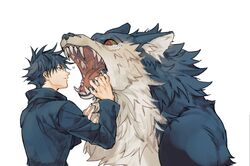  1boy animal black_dog black_hair black_jacket blue_eyes canine closed_mouth fushiguro_megumi jacket jujutsu_kaisen long_sleeves male_focus open_mouth profile satsuki_g short_hair simple_background solo tearing_up upper_body white_background 